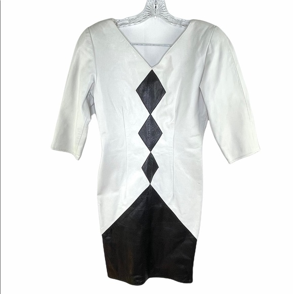 RARE Vintage Leathercraft Process 80's White Leather Fitted Dress Diamond Detail - Picture 2 of 14
